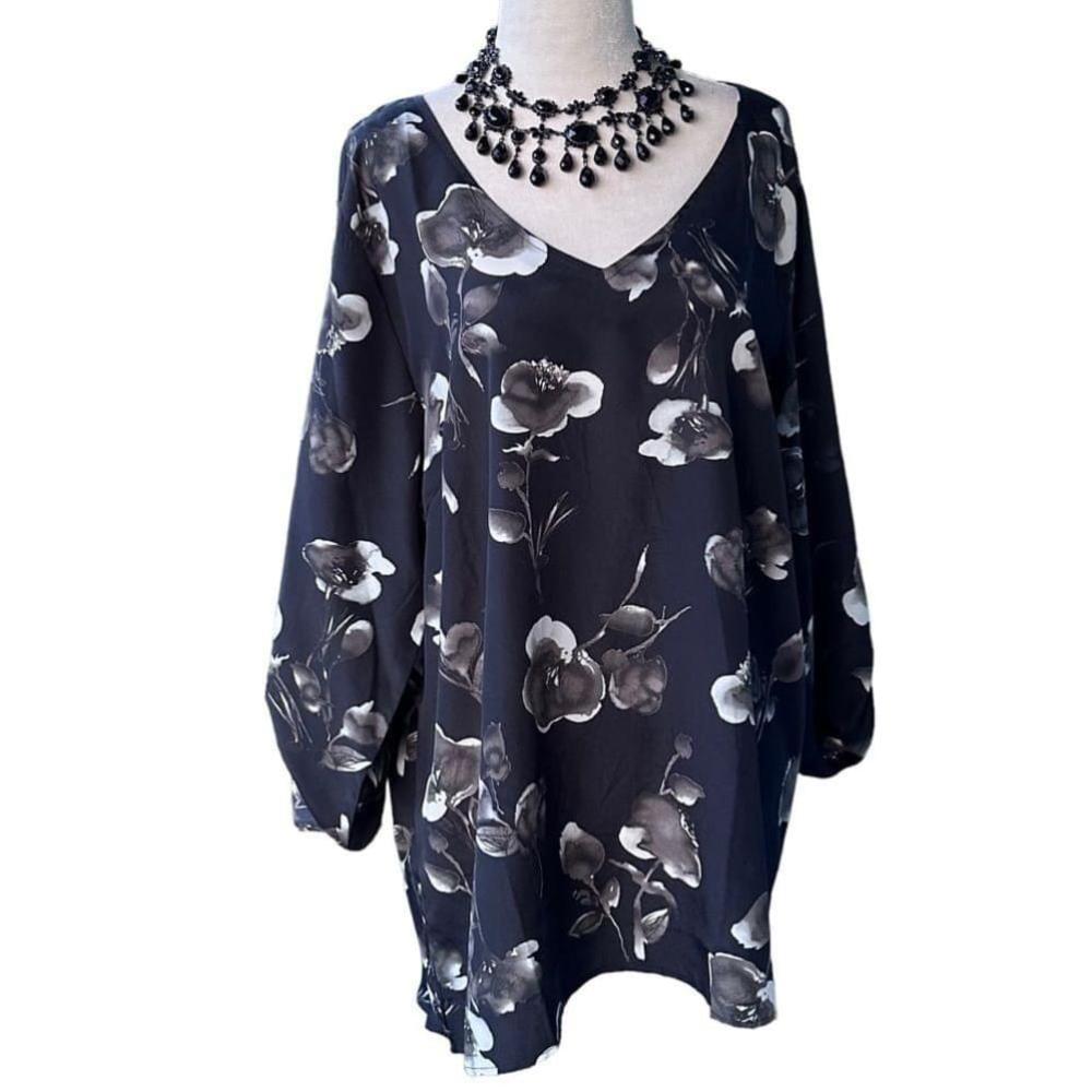 Black and White Semi-Sheer Floral Print V-Neck HiLo Tunic Top XL